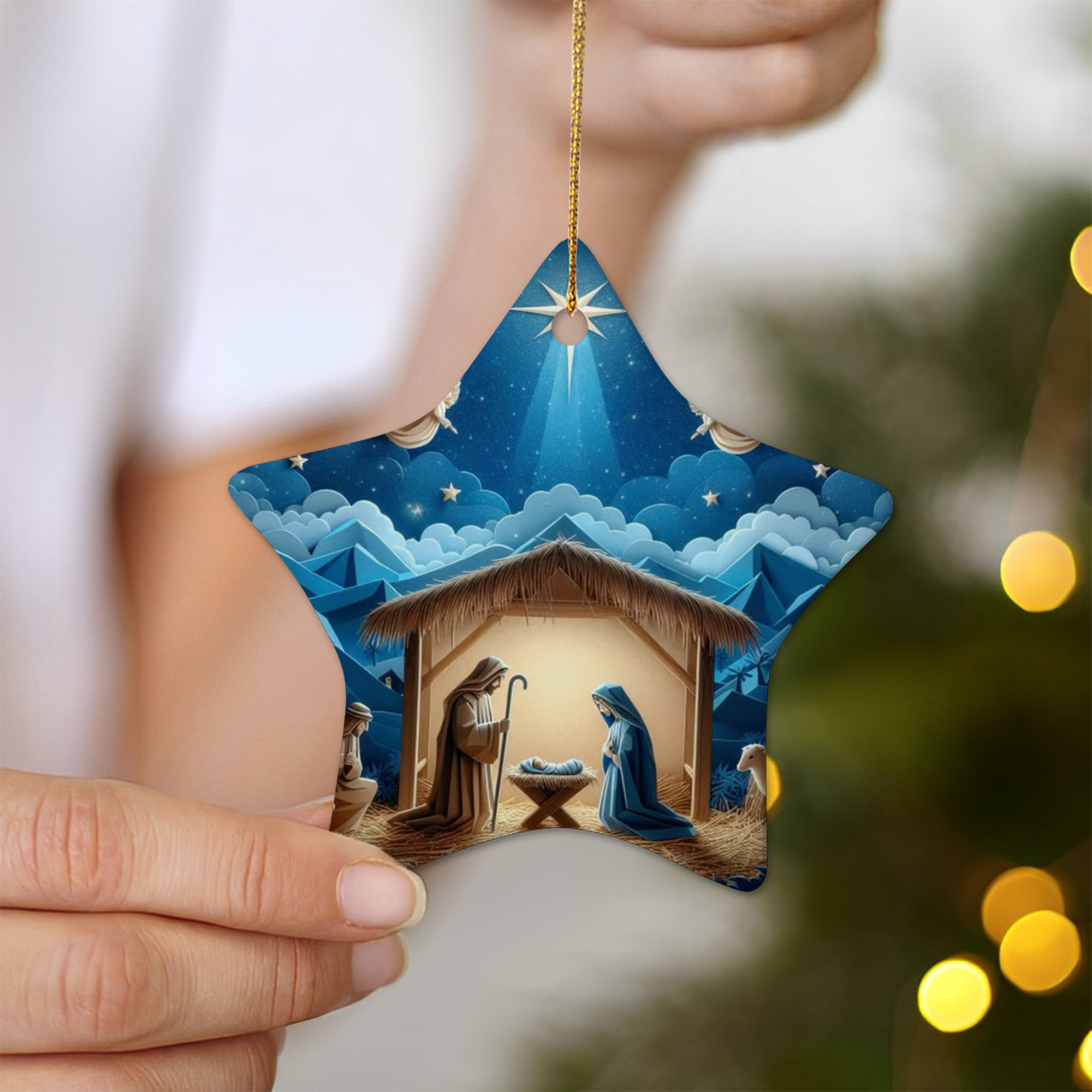 Nativity Scene Christmas Ornament, Holy Family Under Star of Bethlehem, Christian Holiday Decoration, Religious Xmas Tree Decor DCLAF33